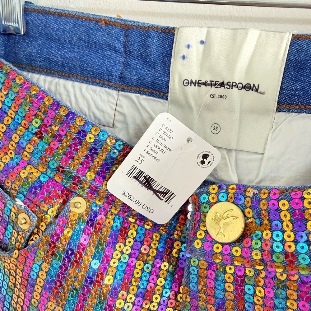 ⚡️ Free People x One Teaspoon Multicolor Sequin / Denim Pants - Size 25 - New ⚡️ - Picture 4 of 9